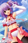  elbow_gloves gloves hamayu_ebino highres marriage_royale midriff navel nishimata_aoi open_mouth purple_hair red_eyes side_ponytail solo thighhighs 