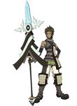 .hack//link 1boy albireo_(.hack//) armor artist_request bare_shoulders boots brown_hair elbow_gloves facial_mark forehead_mark gloves heterochromia male_focus official_art polearm solo spear strap tan tattoo weapon 