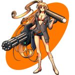  :o bad_id bad_pixiv_id bikini boots brown_eyes brown_hair hood hood_down hoodie kayu long_hair orange_background original shorts sleeves_rolled_up solo swimsuit very_long_hair weapon 