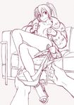  censored collarbone convenient_censoring couch crossed_legs feet full_body fur_coat hatsune_miku high_heels lineart long_hair monochrome naked_coat pov shoes single_shoe sitting smile strappy_heels vocaloid wokada 