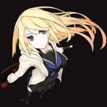  bad_id bad_pixiv_id black_background blonde_hair blue_eyes breasts dual_wielding from_above full_body highres holding holding_sword holding_weapon katana long_hair mary_janes medium_breasts mikoto_(oi_plus) original parted_lips pleated_skirt reverse_grip school_uniform shoes signature simple_background skirt solo sweater sword thighhighs touran-sai weapon 