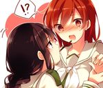  2girls bangs black_hair blunt_bangs blush braid brown_eyes brown_hair food hand_grab kantai_collection kitakami_(kantai_collection) long_hair multiple_girls ooi_(kantai_collection) open_mouth pocky pocky_kiss remodel_(kantai_collection) school_uniform serafuku shared_food toosaka_asagi 