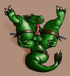  anthro balls dinosaur feral green_skin hryssar leaking_anus legs_up lithulraptor looking_at_viewer male penis scalie solo spreading swollen_vent 