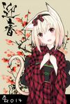  2014 96tuki animal_ears blonde_hair bow cat_ears cat_tail fangs floral_background hair_bow hairband happy_new_year head_tilt japanese_clothes kimono long_sleeves looking_at_viewer new_year obi open_mouth original plaid purple_eyes sash solo standing tail upper_body 