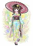  animal_ears black_eyes black_hair cat_ears cat_tail cherry_blossoms daffodil floral_background floral_print flower freesia_(flower) full_body furisode hair_ornament highres horsetail_(plant) japanese_clothes kimono kuroinu looking_at_viewer magnolia obi open_mouth oriental_umbrella original print_legwear rapeseed_blossoms sandals sash solo sparkle stuffed_animal stuffed_toy tabi tail teddy_bear umbrella violet_(flower) walking 