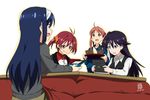  blue_eyes blue_hair blush bowl brown_eyes brown_hair casual futaba_aoi_(vividred_operation) hair_bobbles hair_ornament hairband handheld_game_console happy isshiki_akane isshiki_momo jacket kotatsu kueru_(yuuki_tamerawanai) kuroki_rei long_hair mayonnaise multiple_girls nintendo_ds open_mouth playing_games purple_eyes purple_hair red_hair short_hair smile sweater table track_jacket twintails vest vividred_operation 