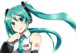  absurdres caffein detached_sleeves green_eyes green_hair hatsune_miku headset highres long_hair looking_at_viewer necktie smile solo twintails vocaloid white_background 