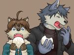  &#30333;&#23376; ?? blue_eyes brown_background brown_fur brown_hair canine clothing coat coughing dog dog_tags duo eating eyes_closed fangs fur grey_fur grey_hair hair husky jacket kouya_aotsuki mammal morenatsu open_mouth plain_background shun tan_fur tears teeth tongue wolf yawn 