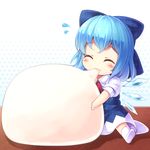  ^_^ blue_dress blue_hair blush bow chibi cirno closed_eyes dress eating flying_sweatdrops food hair_bow halftone halftone_background holding holding_food ice ice_wings komimiyako minigirl mochi puffy_sleeves shirt short_sleeves sitting solo touhou wagashi wings 