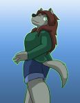  butt canine clothing female green_eyes looking_back mammal rvlis shorts wolf 