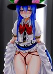  bdsm blue_hair bondage bound bow crotch_rope food fruit hat hinanawi_tenshi long_hair looking_at_viewer momoiro_lettuce no_panties peach pubic_hair puffy_sleeves pussy_juice red_eyes red_rope rope shibari shibari_under_clothes shirt short_sleeves skirt skirt_lift smile solo tears touhou very_long_hair 