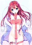  absurdres between_breasts blue_eyes breasts choker coat dengeki_moeou garters hair_between_eyes hair_ribbon highres lips long_hair looking_at_viewer medium_breasts mittens mouth_hold naked_ribbon off_shoulder open_clothes red_hair ribbon ribbon_choker scan shirahane_nao smile solo standing 