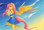  anthro anthrofied antiander blush clothed clothing cloud equine feathers female fluttershy_(mlp) flying friendship_is_magic fur green_eyes hair hooves horse lagomorph long_hair looking_back mammal my_little_pony outside pagasus pegasus pink_hair pony rabbit shirt skirt sky wings yellow_feathers yellow_fur 