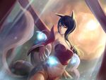  animal_ears arm_warmers black_hair breasts clothing cloud clouds facial_mark female fox_ears fox_tail fuka hair hi_res human league_of_legends lighting long_hair looking_at_viewer mammal multiple_tails orb outside shaded simple_background sky smile solo sun unknown_artist video_games wallpaper warm_colors yellow_eyes 