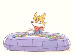  2018 anthro ball ball_pit bandanna biped black_eyes canine cheek_tuft clothed clothing countershading digital_media_(artwork) fox fox_mccloud frown fully_clothed fur head_tuft hoodie humor inner_ear_fluff looking_at_viewer male mammal nintendo normalart orange_fur partially_submerged simple_background sitting solo star_fox tuft unimpressed video_games white_background white_fur 