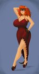  breasts cleavage clothed clothing dress female ferret fey hair high_heels ipan mammal mustelid red_hair solo voluptuous wide_hips 