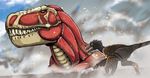  black_eyes blue_eyes claws cloud colossal_titan commentary day dinosaur eren_yeager exposed_muscle highres jaw no_humans pabluratops parody raptor shingeki_no_kyojin sky smoke tail teeth tyrannosaurus_rex velociraptor wings 