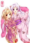  :d ahoge animal_print blonde_hair breasts floral_print hair_ornament heart heart_print highres japanese_clothes kimono large_breasts long_hair long_sleeves looking_at_viewer mouse multiple_girls new_year nironiro obi open_mouth original pink_kimono purple_eyes purple_hair red_eyes red_kimono sash simple_background smile twintails yukata 