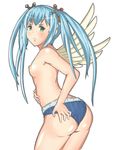  ass bare_shoulders blue_hair blue_panties blush breasts character_request cross feathered_wings green_eyes hair_ornament long_hair nipples panties pisces1986 small_breasts solo topless twintails underwear waguruma! wings 