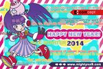  2014 animal animal_on_head ankle_boots background_text blue_eyes blush_stickers boots call_d english gem happy_new_year headphones inafune_keiji long_hair mighty_no._9 new_year on_head outstretched_arms pig purple_hair robot_joints running smile spoilers striped trinity_(mighty_no._9) twintails vertical_stripes watermark web_address 