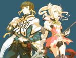  1girl alisha_diphda black_pants blonde_hair blue_background brown_hair buruma capelet gauntlets green_eyes hara_hikaru pants polearm short_hair side_ponytail sorey_(tales) spear sword tales_of_(series) tales_of_zestiria thigh_strap thighhighs weapon 