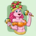  apple big_breasts blue_eyes breasts carelessdoodler cleavage clothed clothing equine female friendship_is_magic fruit hair horse looking_at_viewer mammal my_little_pony navel pink_hair pinkie_pie_(mlp) pony smile solo 