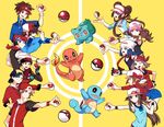  6+girls backwards_hat bandana baseball_cap beanie black_hair blue_(pokemon) bow brown_hair bulbasaur cabbie_hat charmander double_bun fingerless_gloves gen_1_pokemon gloves gold_(pokemon) hair_ornament hairclip haruka_(pokemon) hat hat_bow hikari_(pokemon) holding holding_poke_ball kotone_(pokemon) kouki_(pokemon) kyouhei_(pokemon) long_hair mei_(pokemon) multiple_boys multiple_girls one_eye_closed poke_ball poke_ball_(generic) pokemon pokemon_(creature) pokemon_(game) pokemon_bw pokemon_bw2 pokemon_dppt pokemon_frlg pokemon_hgss pokemon_rse ponytail red_(pokemon) red_(pokemon_frlg) scarf short_hair squirtle touko_(pokemon) touya_(pokemon) twintails visor_cap wristband yurichi_(artist) yuuki_(pokemon) 