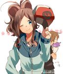  1girl bad_id bad_pixiv_id baseball_cap blue_eyes borrowed_garments brown_hair cosplay gen_5_pokemon hat hat_removed headwear_removed high_ponytail jacket litwick long_hair naru_(andante) one_eye_closed pokemon pokemon_(creature) pokemon_(game) pokemon_bw signature touko_(pokemon) touya_(pokemon) touya_(pokemon)_(cosplay) 