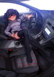  black_hair black_legwear car car_interior glasses ground_vehicle highres lm7_(op-center) looking_at_viewer motor_vehicle original red-framed_eyewear red_eyes sketch smile solo thighhighs twintails volkswagen volkswagen_golf_gti 