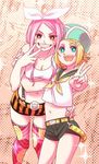 1girl 2girls :d blonde_hair blue_eyes character_request grin hat jewelry_bonney kagamine_rin looking_at_viewer midriff miyabata_miyoji multiple_girls navel one_piece open_mouth patterned_legwear pink_hair short_shorts shorts smile suspenders thighhighs v vocaloid 