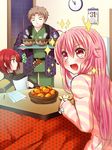  2girls angel_beats! bowl food fruit iwasawa kotatsu long_hair mandarin_orange matsushita multiple_girls nakamura_hinato pink_hair red_eyes red_hair short_hair table yui_(angel_beats!) 