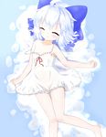  bare_legs bare_shoulders blue_hair bow chemise cirno closed_eyes hair_bow highres ice ice_wings knees_together_feet_apart knees_touching lying mofu_mofu nightgown see-through sleeping solo strap_slip touhou wings 