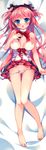  absurdres bare_shoulders barefoot blush breasts breasts_outside chestnut_mouth dakimakura full_body headphones highres huge_filesize idol_kanojo large_breasts legs looking_at_viewer lying navel nipples on_back open_mouth otomusume panties panty_pull red_hair rie_(reverie) scan shiny shiny_skin side-tie_panties solo thigh_gap triangle! underwear white_panties 
