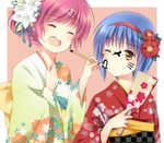  alternate_hairstyle blue_eyes blue_hair brown_eyes calligraphy_brush facepaint hagoita hair_up hairband hanetsuki japanese_clothes kimono left-handed little_busters! long_hair multiple_girls new_year nishizono_mio one_eye_closed paddle paintbrush purple_hair saigusa_haruka satou_aoi short_hair 