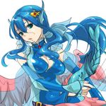  blue_eyes blue_hair blue_nails breasts character_request cleavage cleavage_cutout detached_sleeves hair_ornament hair_ribbon hairclip head_fins long_hair medium_breasts meri_(artist) nail_polish ponytail ribbon see-through waguruma! wings 