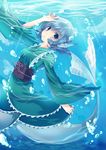 bad_id bad_pixiv_id blue_eyes blue_hair blush bubble head_fins japanese_clothes kapuchii mermaid monster_girl short_hair solo touhou underwater wakasagihime wide_sleeves 