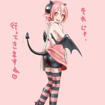  ass backless_outfit bag bike_shorts blush demon_girl demon_horns demon_tail demon_wings horns lilim_(waguruma!) looking_at_viewer meri_(artist) pink_background pink_hair pink_legwear pointy_ears satchel short_hair smile solo striped striped_legwear tail tail_wagging thighhighs translation_request waguruma! wings yellow_eyes 