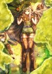  belt boots bow_(bhp) braid bread brown_eyes brown_legwear cape chipmunk dragon's_crown elf_(dragon's_crown) food gloves highres hips hood long_hair looking_at_viewer lying on_back parted_lips pointy_ears shorts silver_hair solo squirrel thigh_boots thighhighs thighs twin_braids 