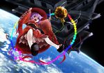  absurdres bowl castle earth hat highres holding_needle japanese_clothes kimono mallet needle open_mouth purple_eyes purple_hair short_hair solo space sukuna_shinmyoumaru touhou waira 