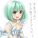  aqua_hair blush brown_eyes character_request feathered_wings flat_chest meri_(artist) short_hair solo steepled_fingers translation_request waguruma! wings wrist_cuffs 