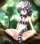  black_hair blue_eyes blush covering highres hua looking_at_viewer nude nude_cover open_mouth original outdoors pointy_ears sitting smile snake solo striped 