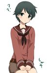  ? black_hair green_eyes ica kantai_collection long_sleeves looking_at_viewer mogami_(kantai_collection) school_uniform serafuku short_hair shorts simple_background solo white_background 