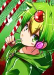  1boy candy candy_apple eating food food_on_head green_eyes green_hair happy_tree_friends holding holding_lollipop hood hoodie hua lollipop looking_at_viewer male_focus nutty object_on_head solo striped 