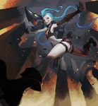  blue_hair boots breasts destruction fang fire grin jinx_(league_of_legends) league_of_legends legs long_hair long_legs looking_at_viewer loped pale_skin red_eyes red_legwear short_shorts shorts single_thighhigh small_breasts smile thighhighs twintails very_long_hair 