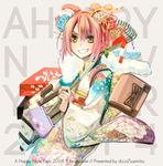  2014 english grin hair_ornament happy_new_year japanese_clothes kimono new_year original pink_hair smile solo suemitsu_dicca yellow_eyes 