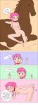  2014 4koma animal barefoot bent_over bestiality blush breasts brown_eyes check_translation collar comic cote directional_arrow happy_new_year heart highres horse medium_breasts navel new_year nipples nude original pink_hair ponytail pussy sweat translated translation_request 