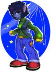  albinoart anthro bat black_fur blue_eyes breasts character clothed clothing female fur green_sweater jacket jeans looking_at_viewer mammal original red_boots simple_background solo star stellathebat 