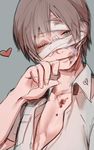  1boy bandage blood brown_hair heart injury isaaki looking_at_viewer male male_focus sew short_hair simple_background solo source_request wink 