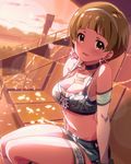  arm_support artist_request blonde_hair blush breasts brown_eyes cleavage confetti crop_top earrings front-tie_top fukuda_noriko idolmaster idolmaster_million_live! jewelry large_breasts lens_flare looking_at_viewer navel necklace official_art parted_lips race_queen sitting skirt smile strap_gap sunset thighs 