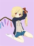  adjusting_hair alternate_costume blonde_hair bow contemporary flandre_scarlet hair_bow red_eyes ribbon short_hair shorts side_ponytail sitting smile socks solo touhou tsuno_no_hito wariza wings 